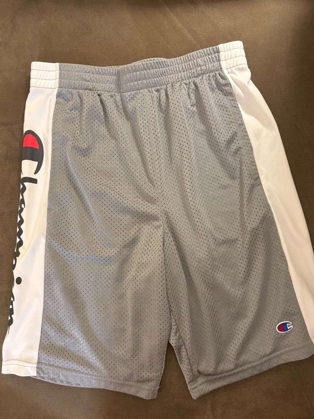 Champion boy’s XL Gray Mesh Athletic Shorts with White Side Panels and Logo